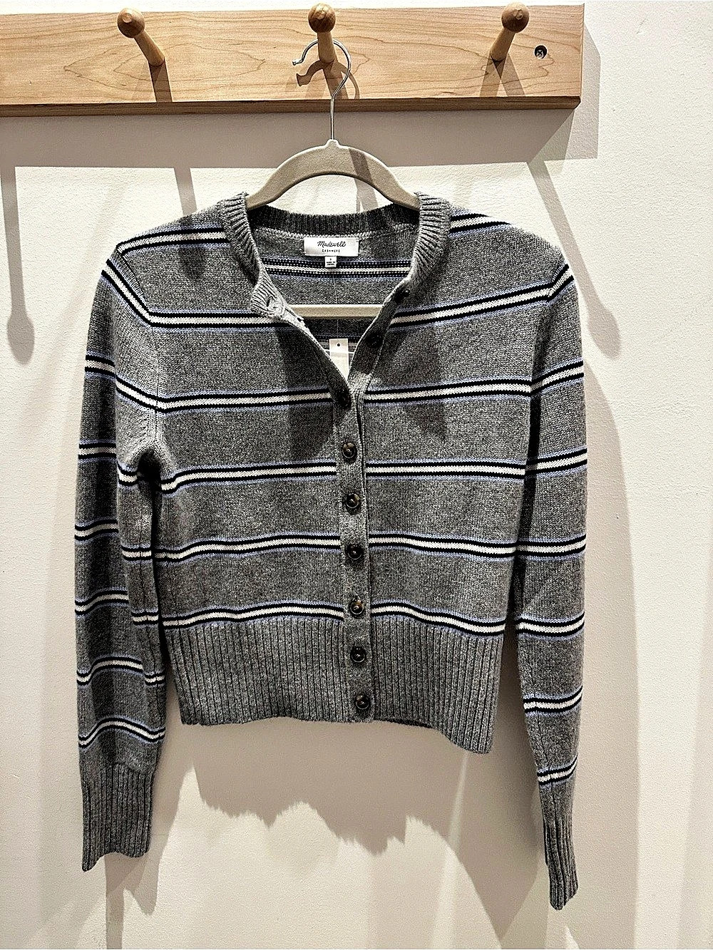 Madewell Crewneck Cardigan in 100% Cashmere Striped Cardigan in Gray & Black